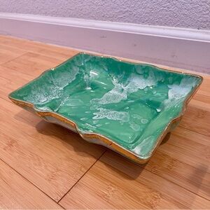 Vintage Mid-Century USA Pottery 6101 Green Rectangular Dish with Gold Trim